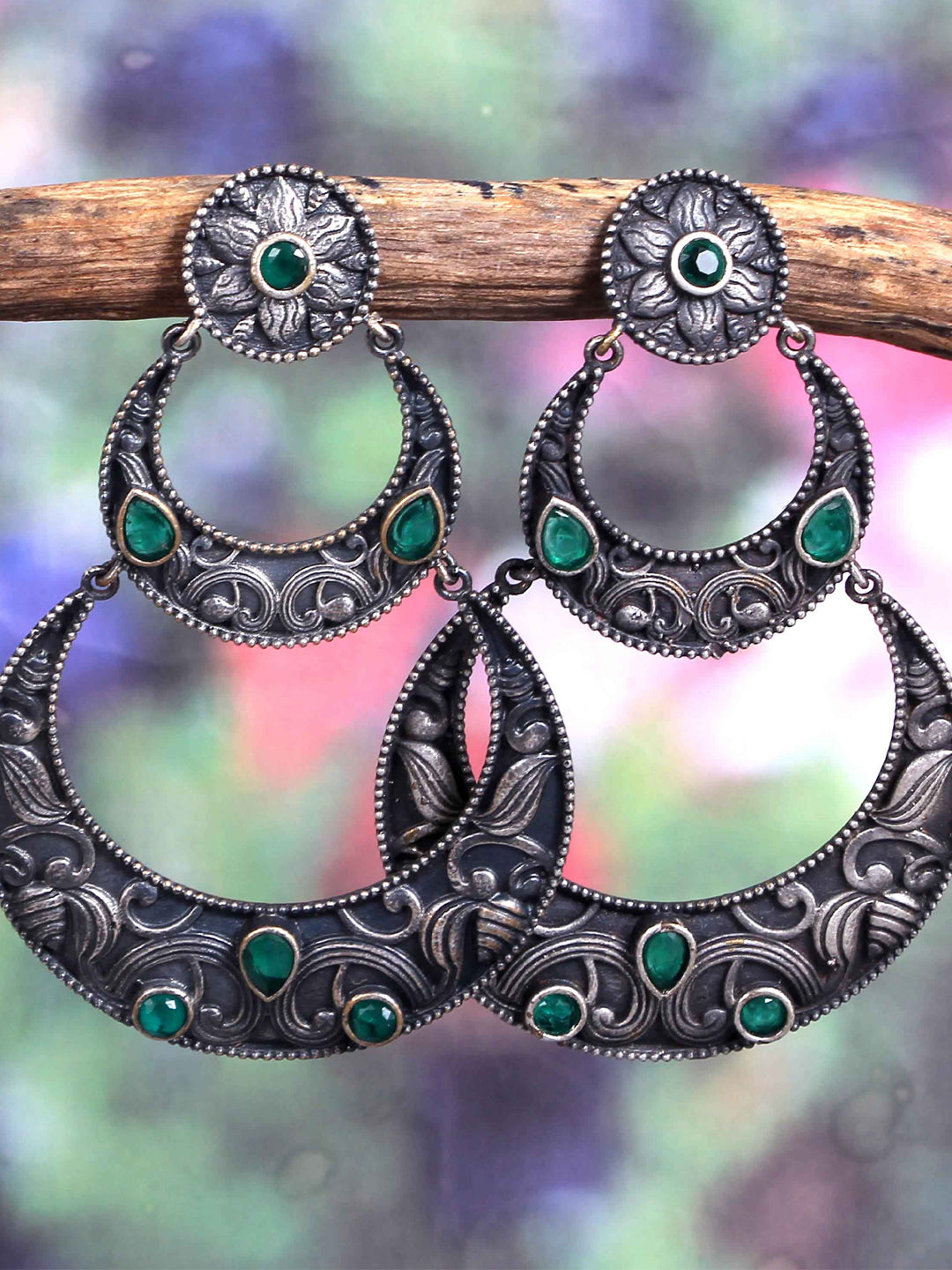 Dual Tone Green Stone Studded Dangler Earrings