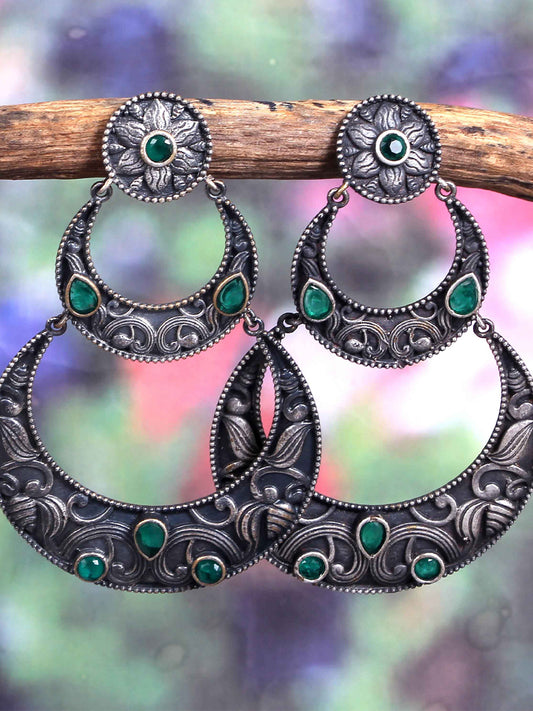 Dual Tone Green Stone Studded Dangler Earrings