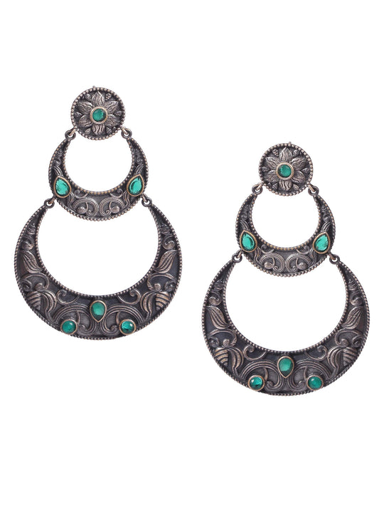 Dual Tone Green Stone Studded Dangler Earrings
