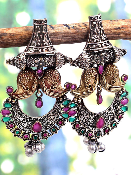 Dual Tone Multi Stone Studded Dangler Earrings