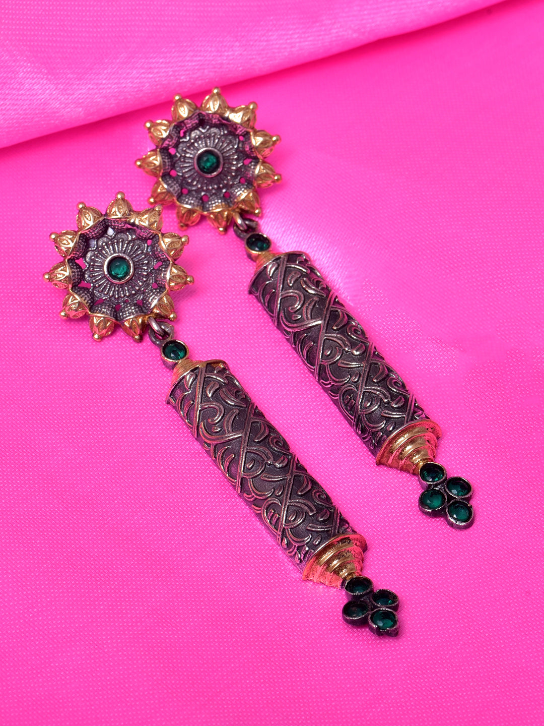 Dual Tone Stone Studded Dangler Earrings