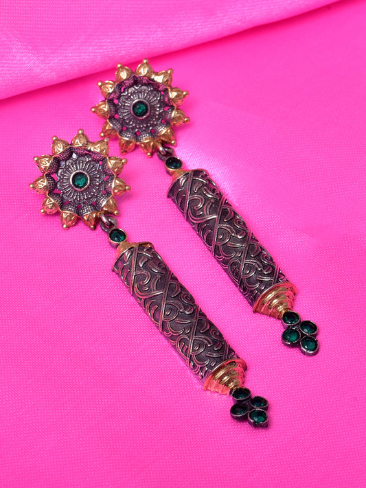 Dual Tone Stone Studded Dangler Earrings