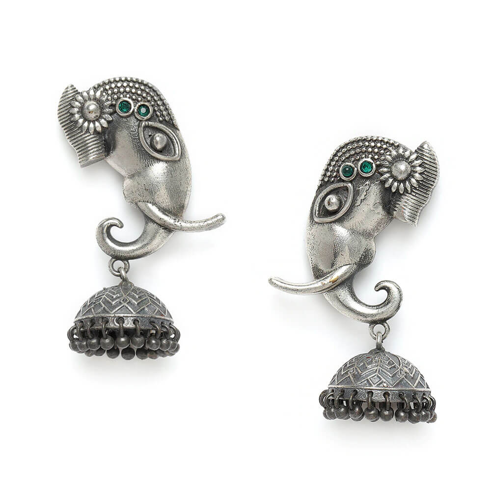 oxidized-silver-toned-elephant-shape-drop-earrings-green-viraasi
