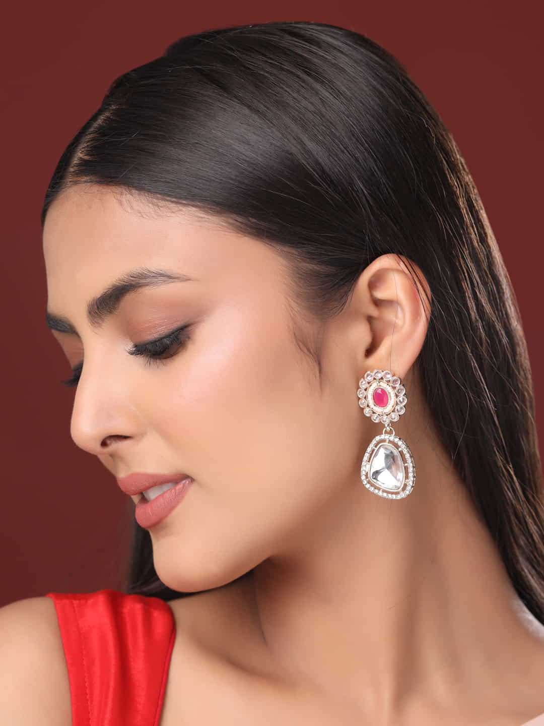 Stylish Dangle Kundan Earrings with Pink Stone