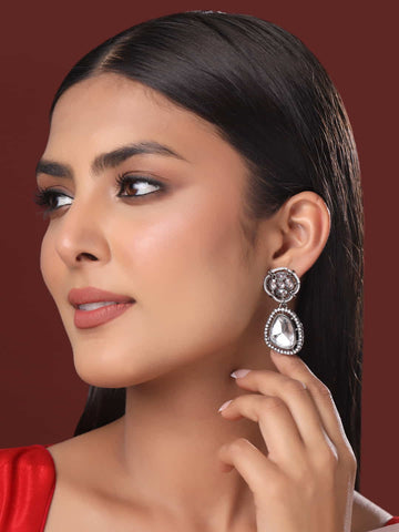 Stylish Kundan Dangle Earrings With Rhodium Plating