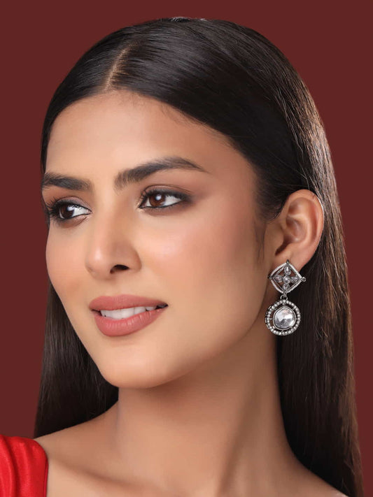 Round Shape Kundan Dangle Earrings With Rhodium Plating