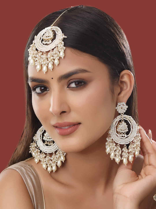 Handcrafted Pearl Embellished Maang Tikka with Earrings