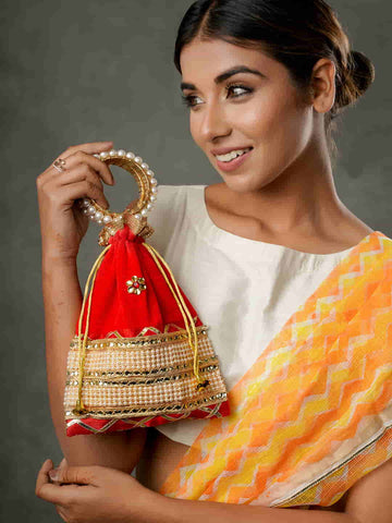 Viraasi Traditional Pearl Studded Red Potli for Women