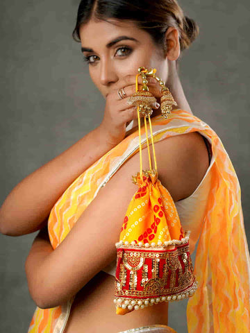 Viraasi Yellow Traditional Pearl Potli for Women