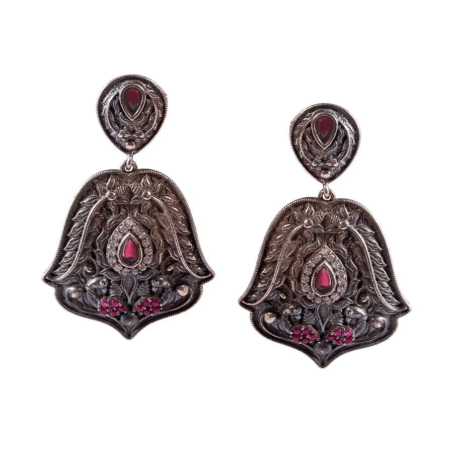 oxidized-black-metal-dangle-earrings-with-pink-stone-viraasi