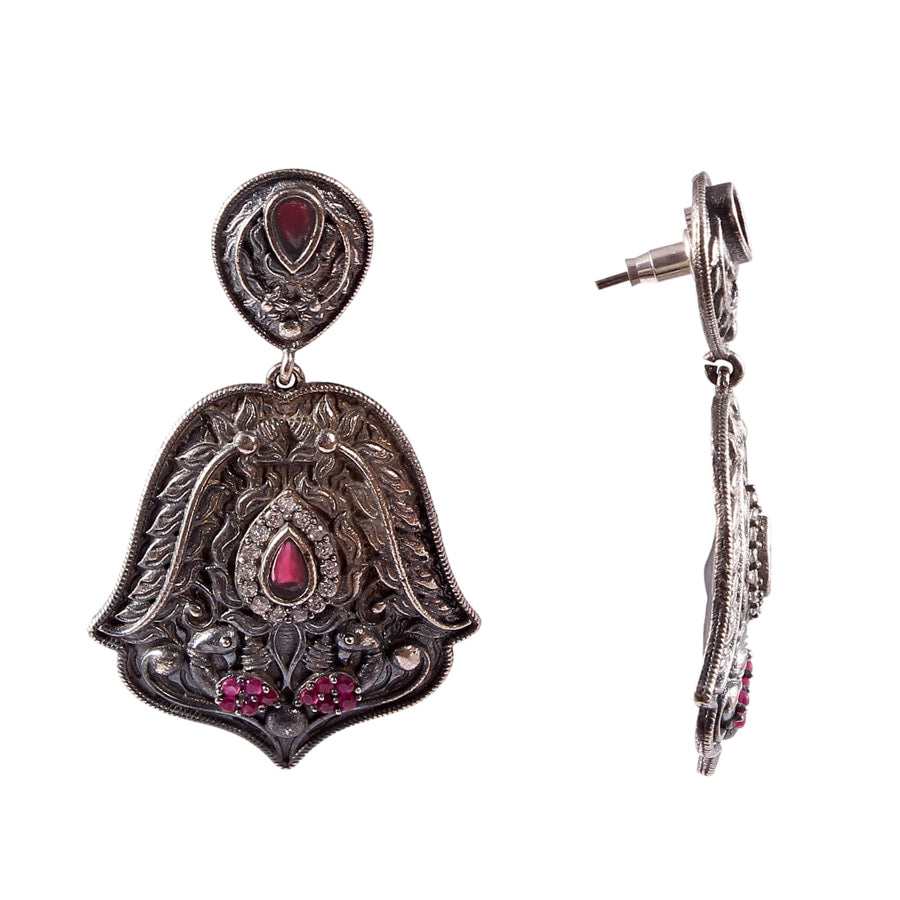 oxidized-black-metal-dangle-earrings-with-pink-stone-viraasi