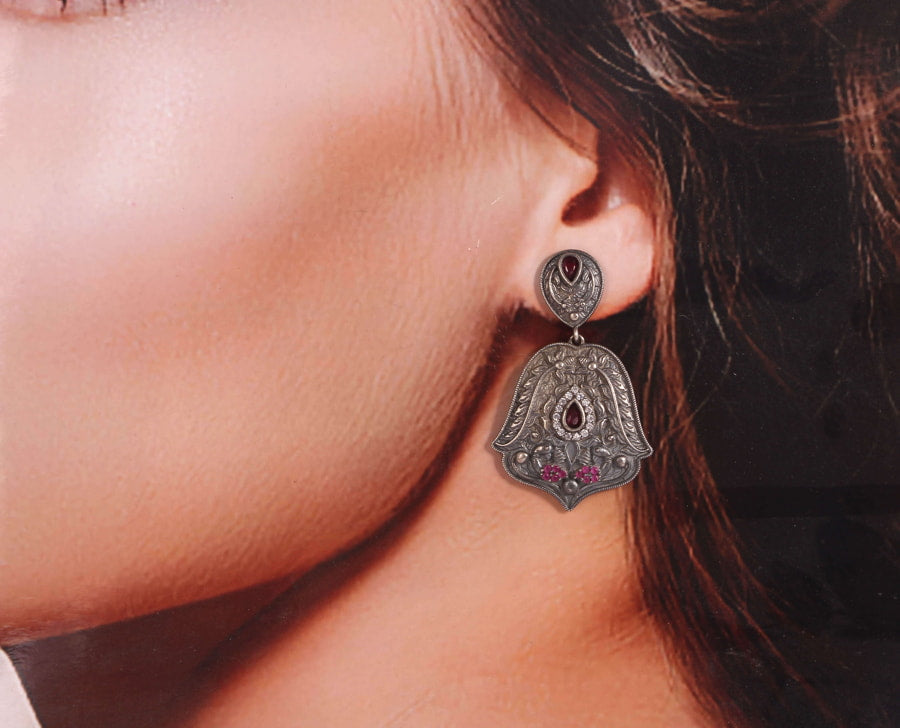 oxidized-black-metal-dangle-earrings-with-pink-stone-viraasi