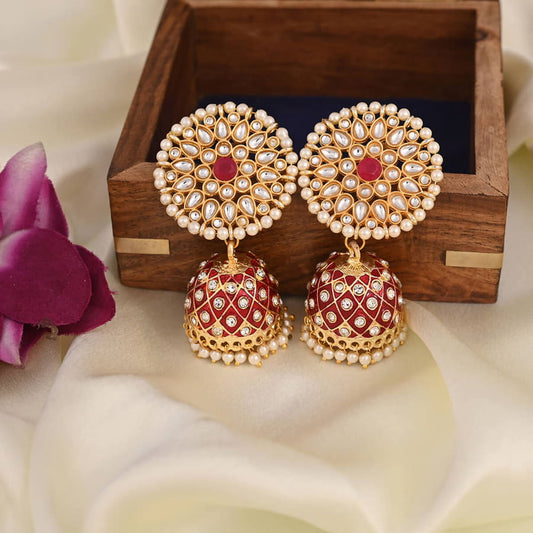 Meenakari Dangle Jhumka Earrings-Red