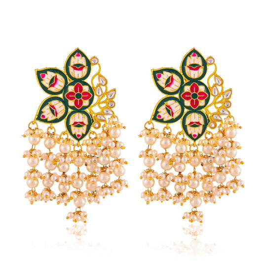 Contemporary Jhumka Earrings with Pearls-Green