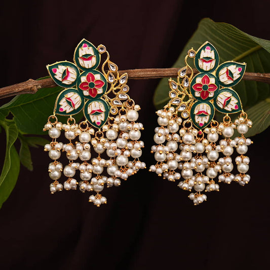 Contemporary Jhumka Earrings with Pearls-Green