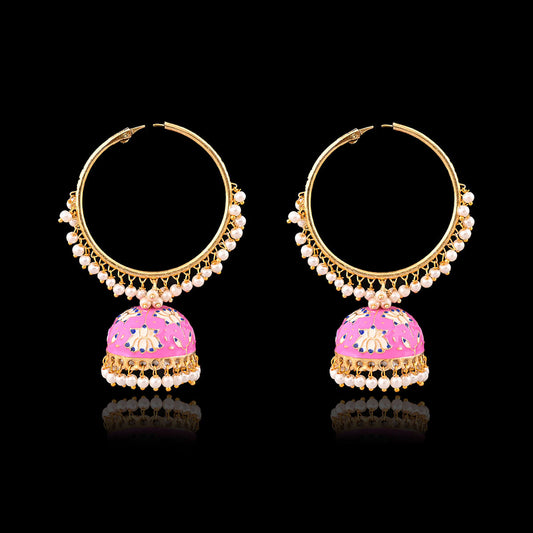 Lotus Hoop Meenakari Jhumka Earring-Pink