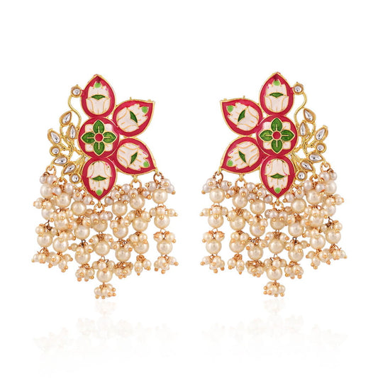 Contemporary Jhumka Earrings with Pearls-Red