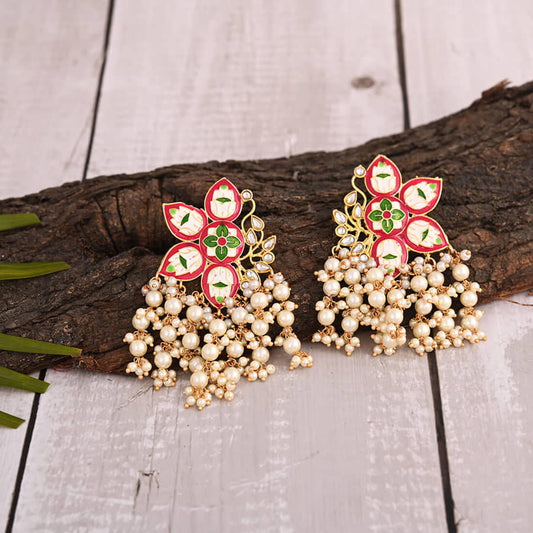 Contemporary Jhumka Earrings with Pearls-Red