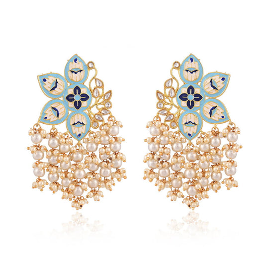 Contemporary Jhumka Earrings with Pearls-Skyblue