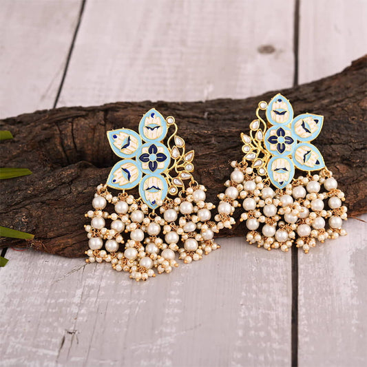 Contemporary Jhumka Earrings with Pearls-Skyblue