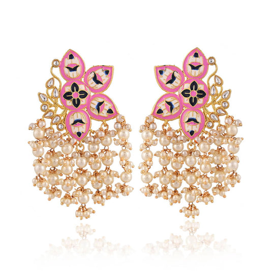 Contemporary Jhumka Earrings with Pearls-Pink