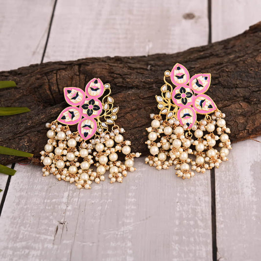 Contemporary Jhumka Earrings with Pearls-Pink