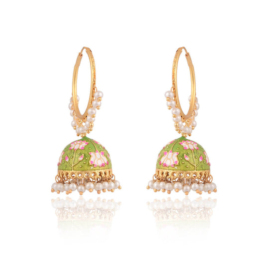 Lotus Hoop Meenakari Jhumka Earring-Green