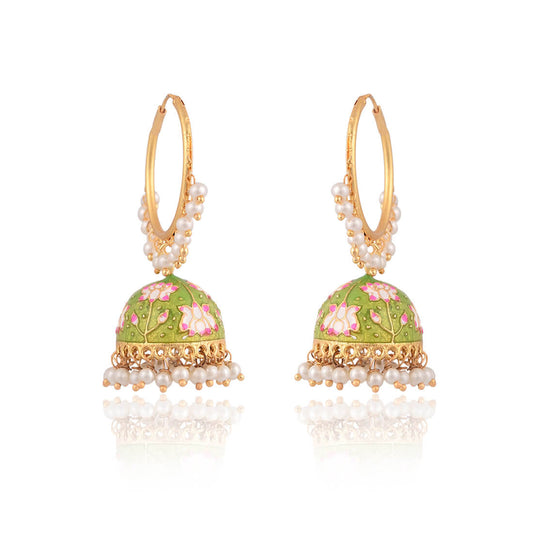 Lotus Hoop Meenakari Jhumka Earring-Green