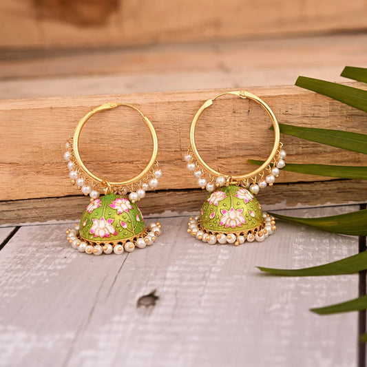 Lotus Hoop Meenakari Jhumka Earring-Green