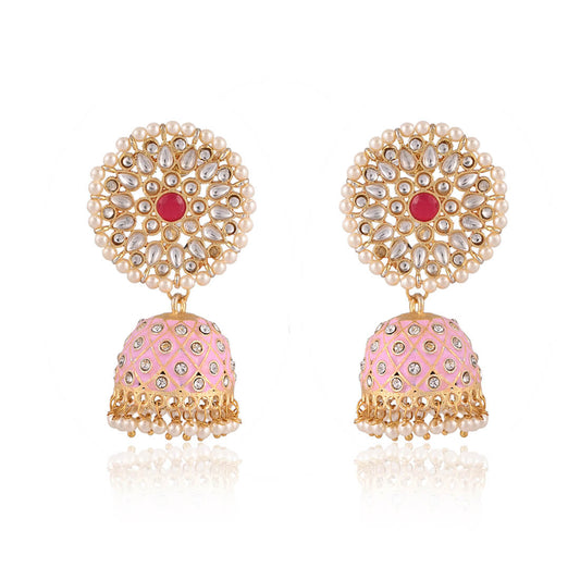 Meenakari Dangle Jhumka Earrings-Pink