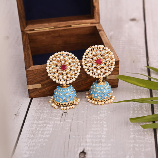 Meenakari Dangle Jhumka Earrings-Skyblue