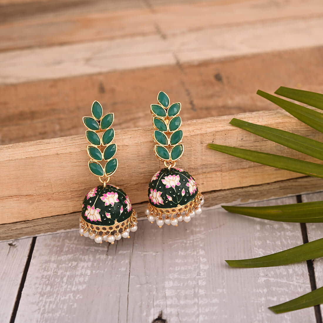 enamel-fusion-floral-jhumka-earring-green-viraasi