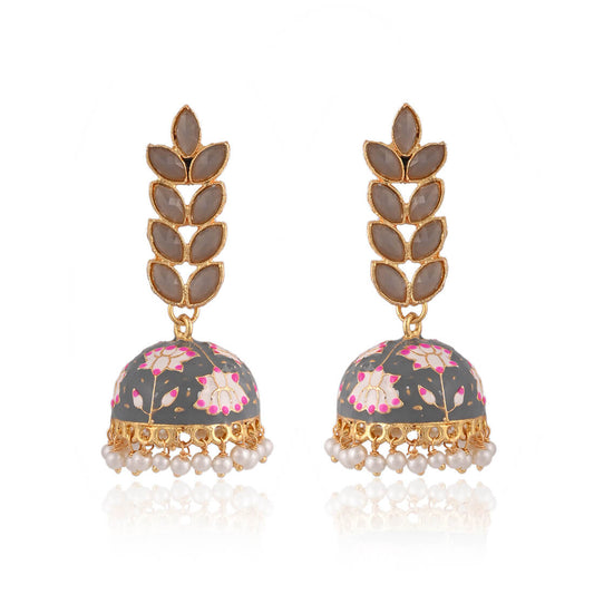 Enamel Fusion Floral Jhumka Earring-Grey