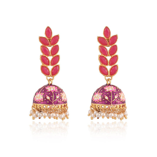 Enamel Fusion Floral Jhumka Earring-Pink