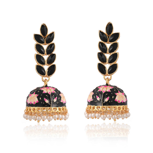 Enamel Fusion Floral Jhumka Earring-Black