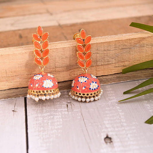 Enamel Fusion Floral Jhumka Earring-Orange
