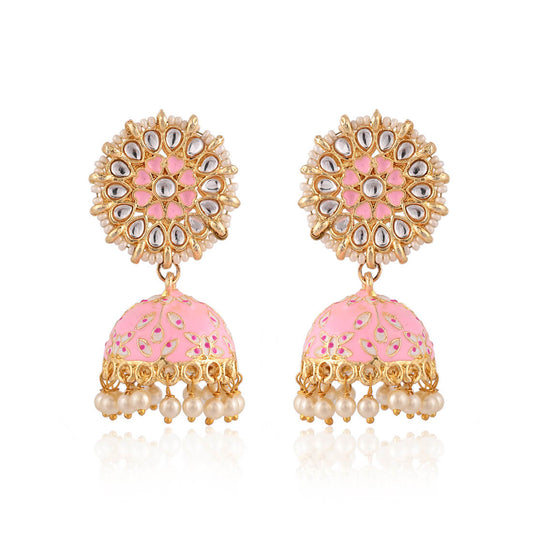 Meenakari Jhumka Earrings-Pink