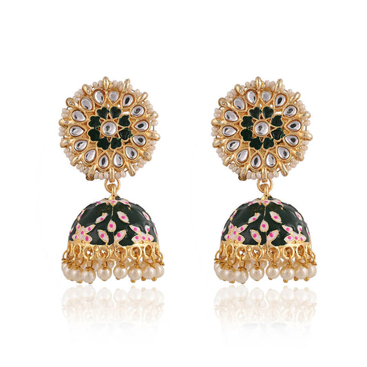 Meenakari Jhumka Earrings-Dark Green