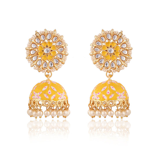 Meenakari Jhumka Earrings-Yellow