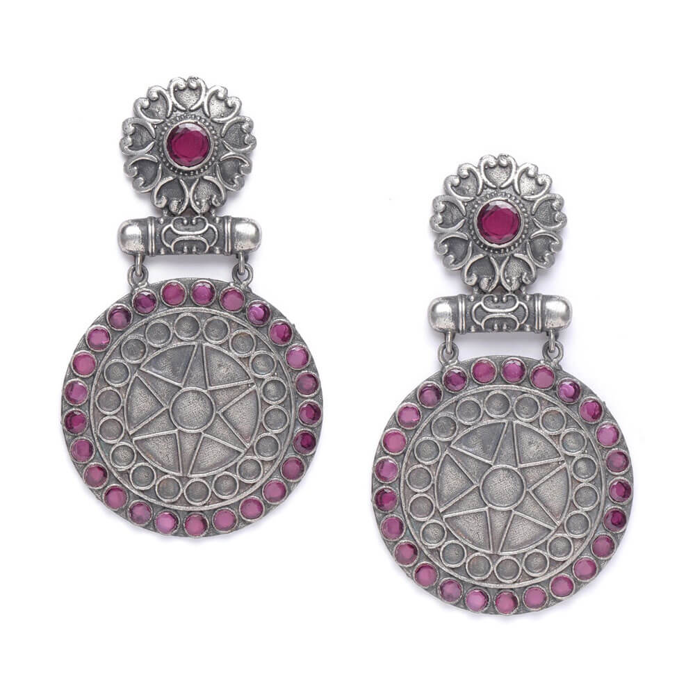 circle-shape-oxidized-earrings-pink-stone-viraasi