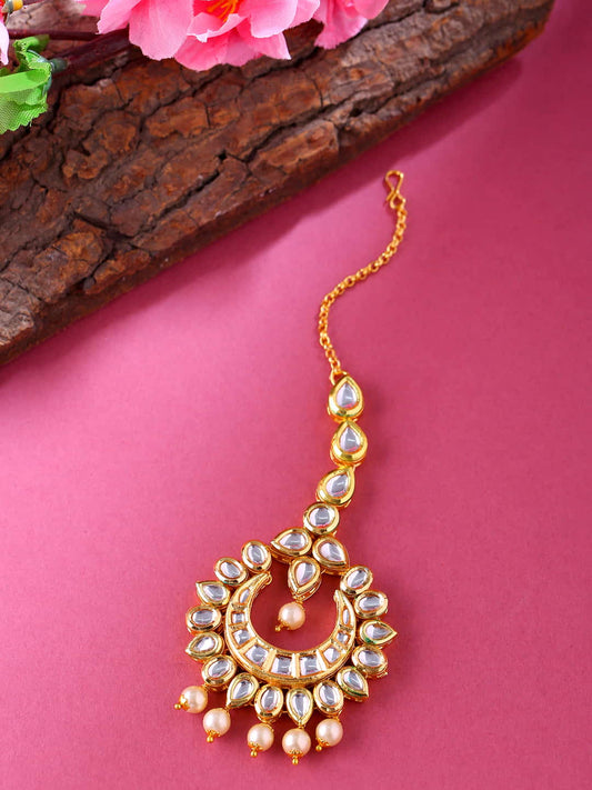 Gold Plated Kundan Maang Tikka with Pearls