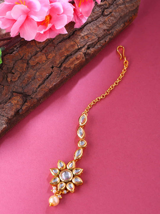 Floral Shape Gold Plated Kundan Maang Tikka