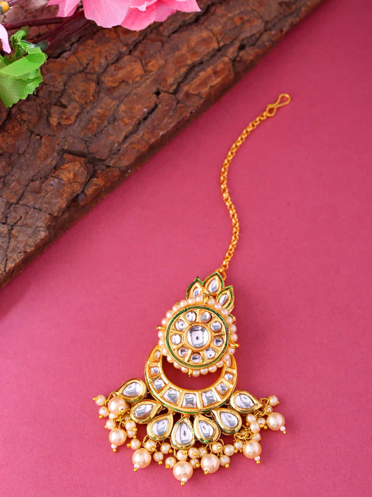 Gold Plated Moon Shape Kundan Maang Tikka