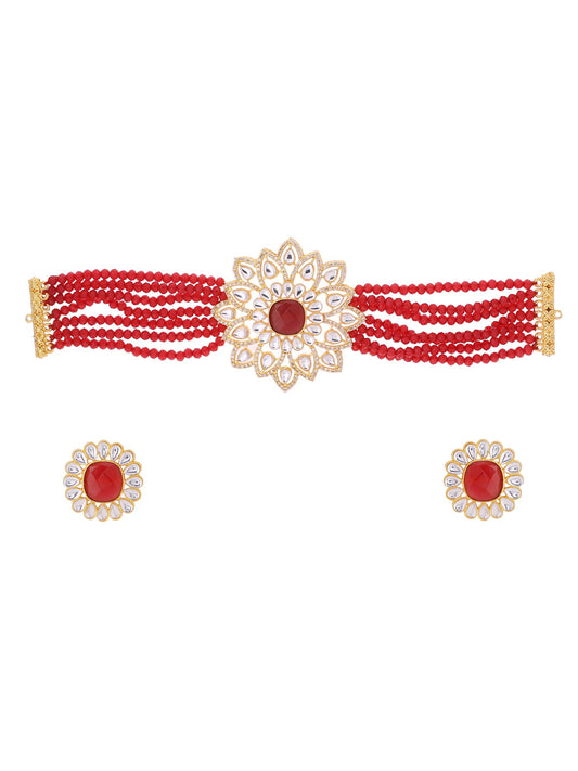 Red Beads Pearls Kundan Necklace Set