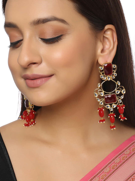 Gold Plated Red Stone Dangle Earrings