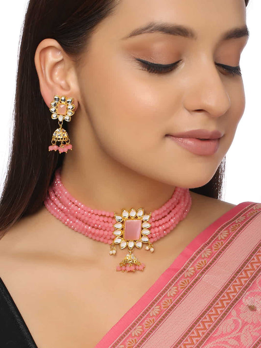 Pink Stone Kundan Choker Necklace Set