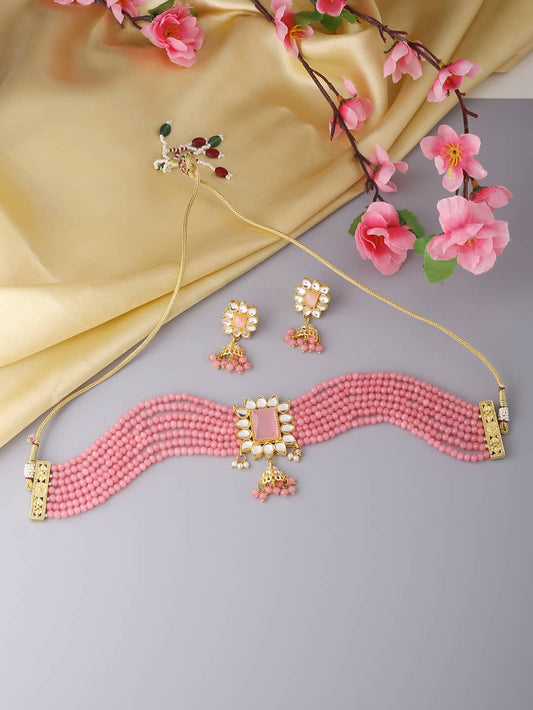Pink Stone Kundan Choker Necklace Set