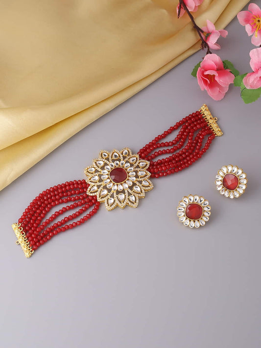 Red Beads Pearls Kundan Necklace Set