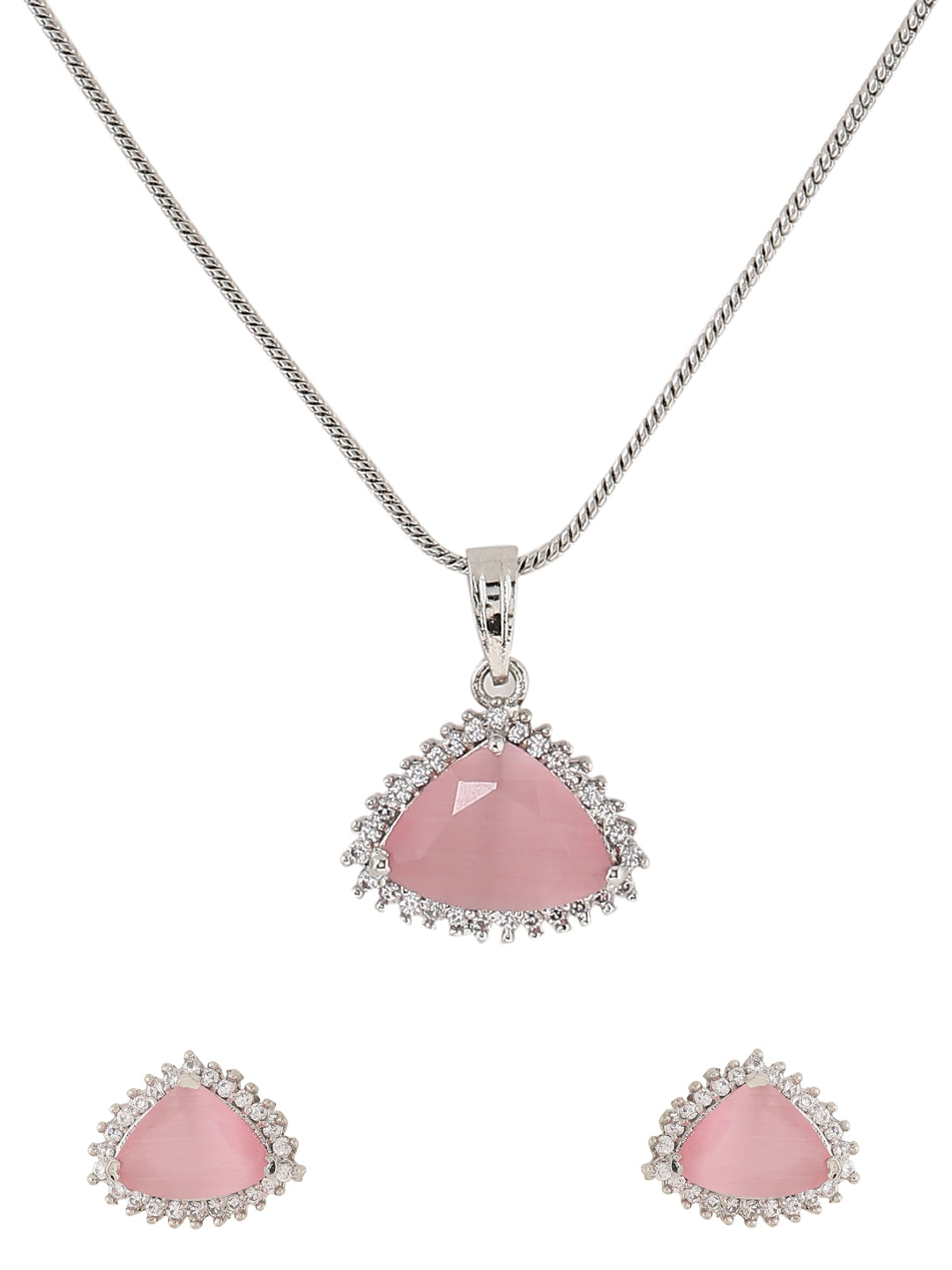 AD Chain Pendant with Earrings-Pink-viraasi