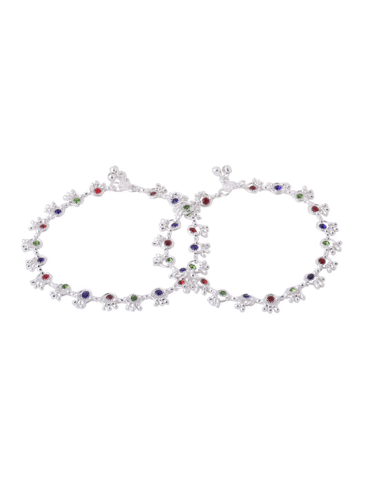 Silver Plated Ghungroo Anklet with Colorful Stones
